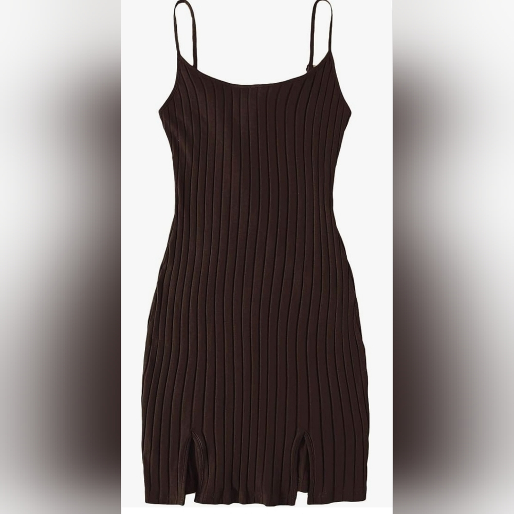 Women's Split Hem Rib Knit Spaghetti Strap Night Out Bodycon Short Dress